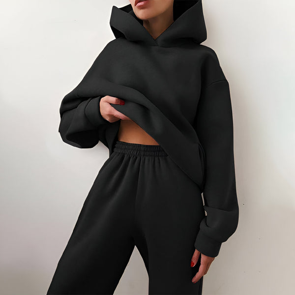 Damträningsset | Fleecefodrat med Huvtröja | Tjock Tvådelad Mjukisdress | Polyester