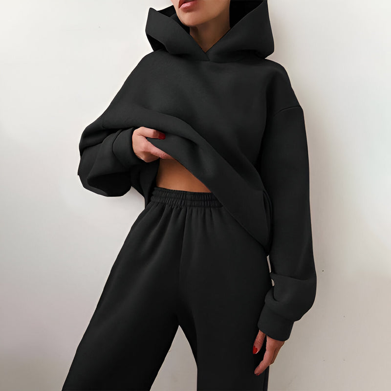 Damträningsset | Fleecefodrat med Huvtröja | Tjock Tvådelad Mjukisdress | Polyester