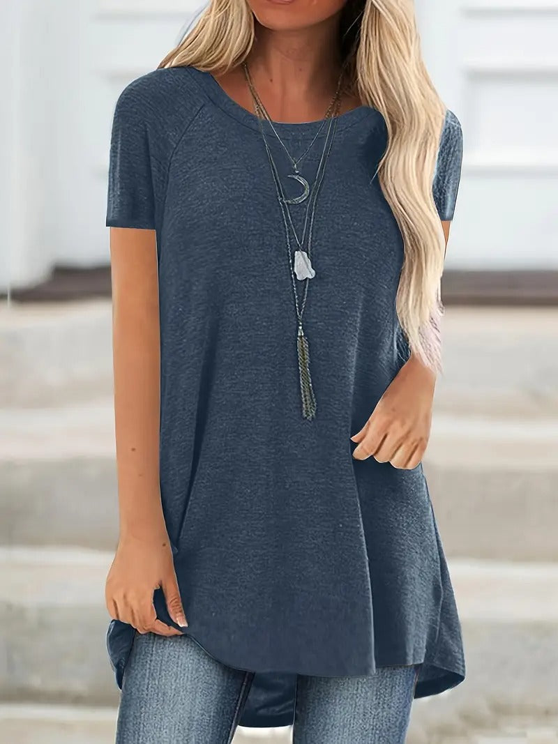 Dam T-shirt | Lång Modell & Rund Hals | Enfärgad Casual Topp med Korta Ärmar
