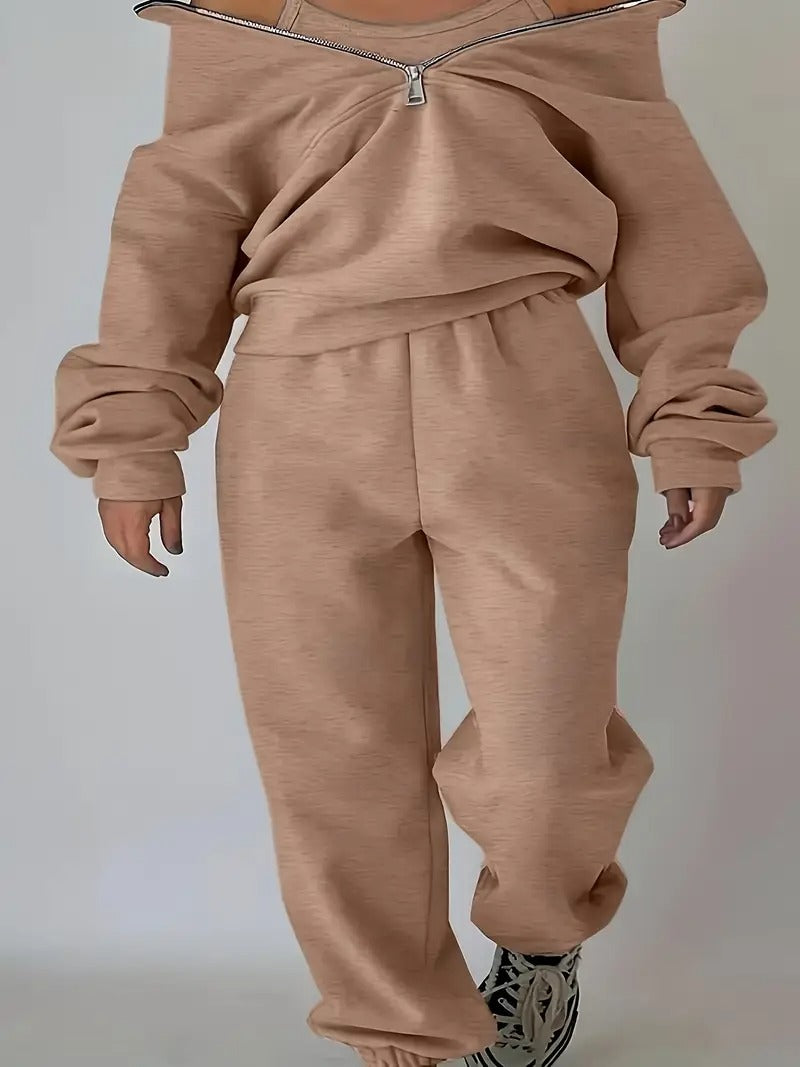 Set för kvinnor | Tvådelat Set med Sweatshirt & Byxor | Dragkedja, Lång Ärmar & Bekväm Passform