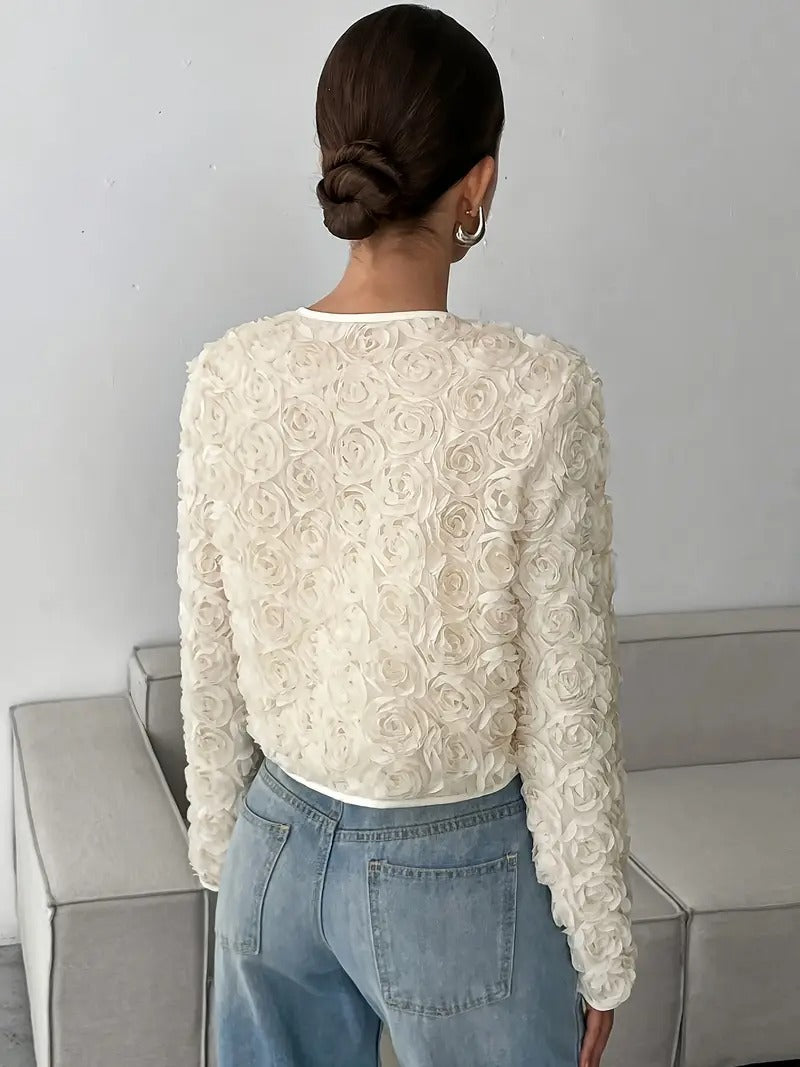 Damjacka | 3D rosenblommor & rund hals | elegant kort topp med krokspänne
