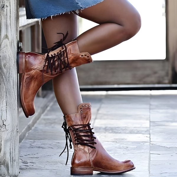 Skor För Vinter Dam | Combat Boots | Mittskaft | Vintage Stil & Bekväm Klack