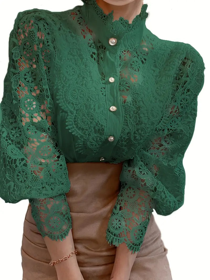 Dam Blus | Viktoriansk Stil | Pärlknappar & Spetsdetaljer | Elegant Långärmad Topp