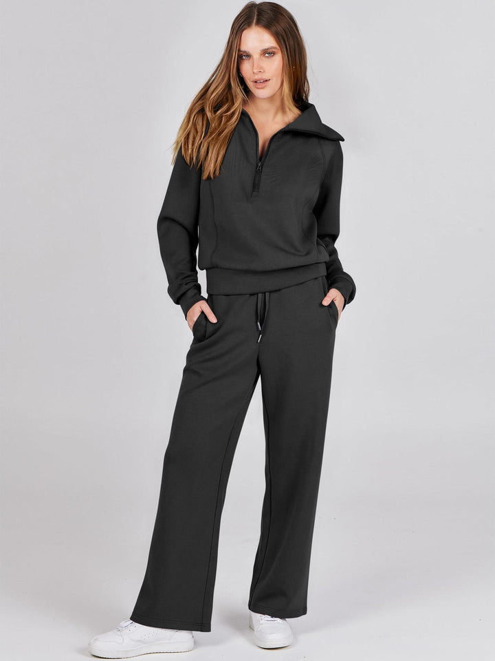 Kläder Dam | Mysigt Set med Zipper-Pullover &amp; Vida Byxor | Bekväm Vardagslook