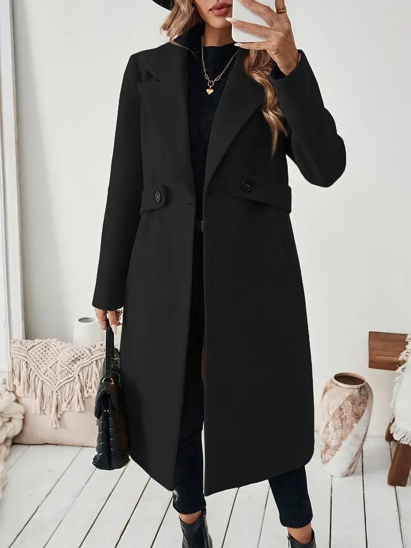 Vinterrock Dam | Lång Svart Tweed Jacka | Elegant Bälte & Slag
