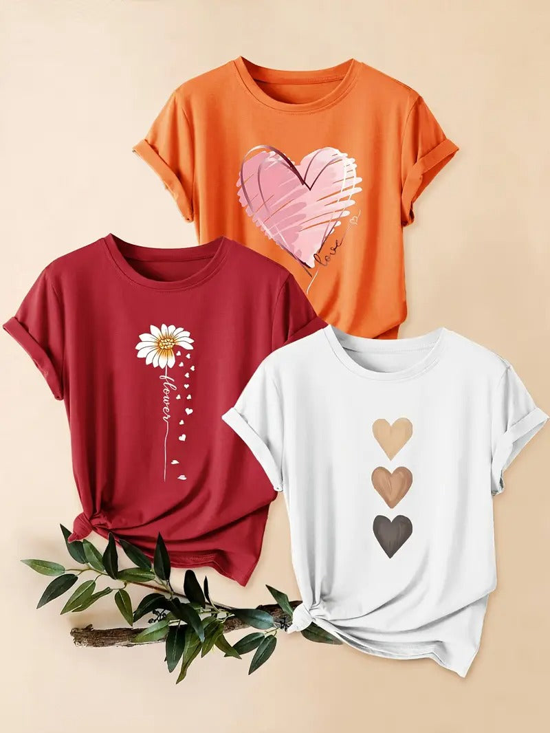 Dams Set | 3-delad T-shirt & Shorts | Retro Stil & Blommigt Tryck