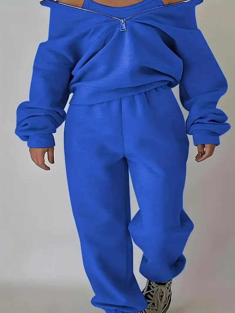 Set för kvinnor | Tvådelat Set med Sweatshirt & Byxor | Dragkedja, Lång Ärmar & Bekväm Passform