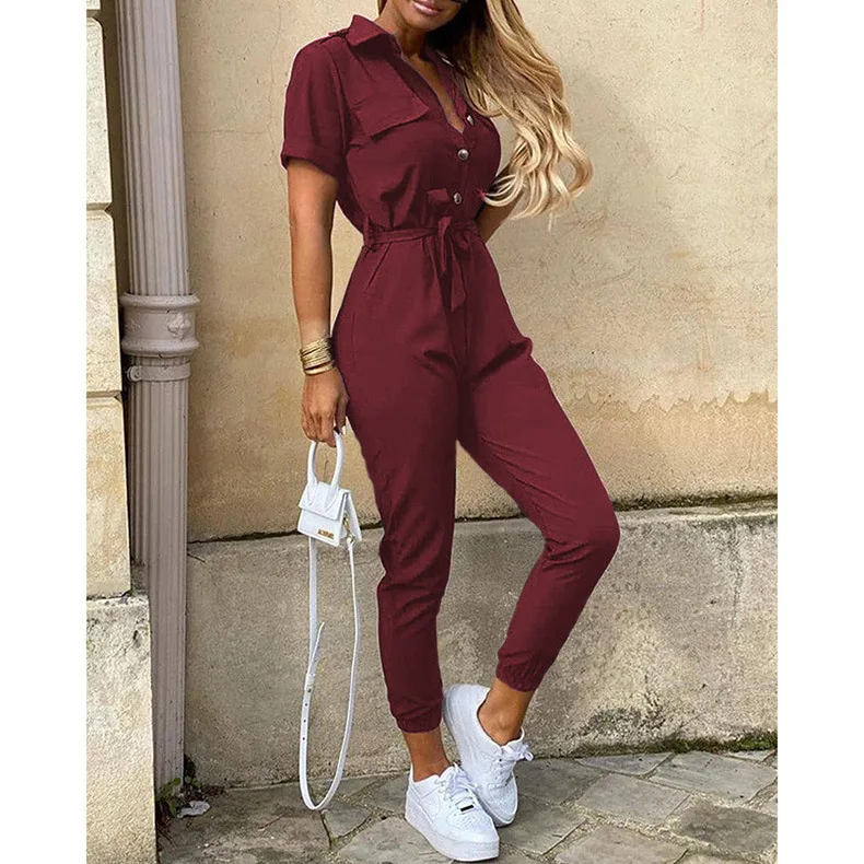 Jumpsuit för Dam | Kort Ärmsmodell med Krage | Elegant Passform & Bälte | Polyester
