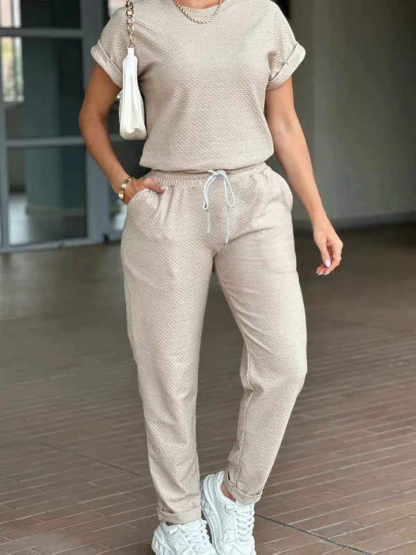 Damsset | Minimalistisk Design & Justerbar Midja | Tvådelad Bekväm Sportlook i Polyester för Vår/Sommar