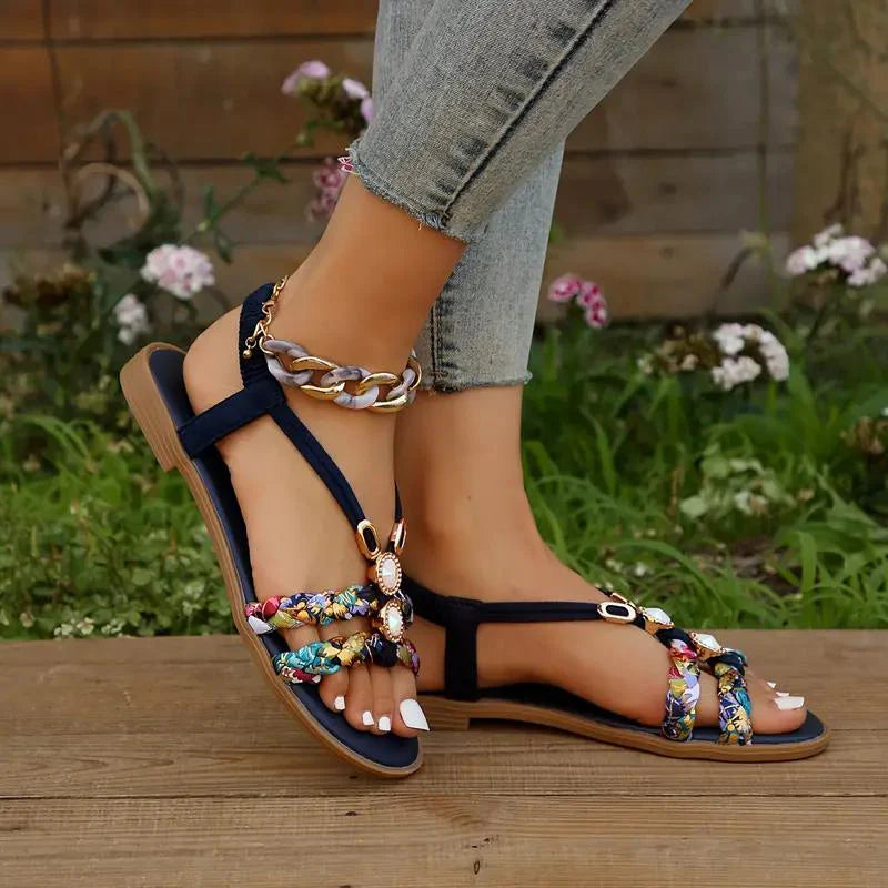 Kvinnor Sandaler | Boho Sommarstil | Mjuk Sula & Låg Kilklack | Blommig Design