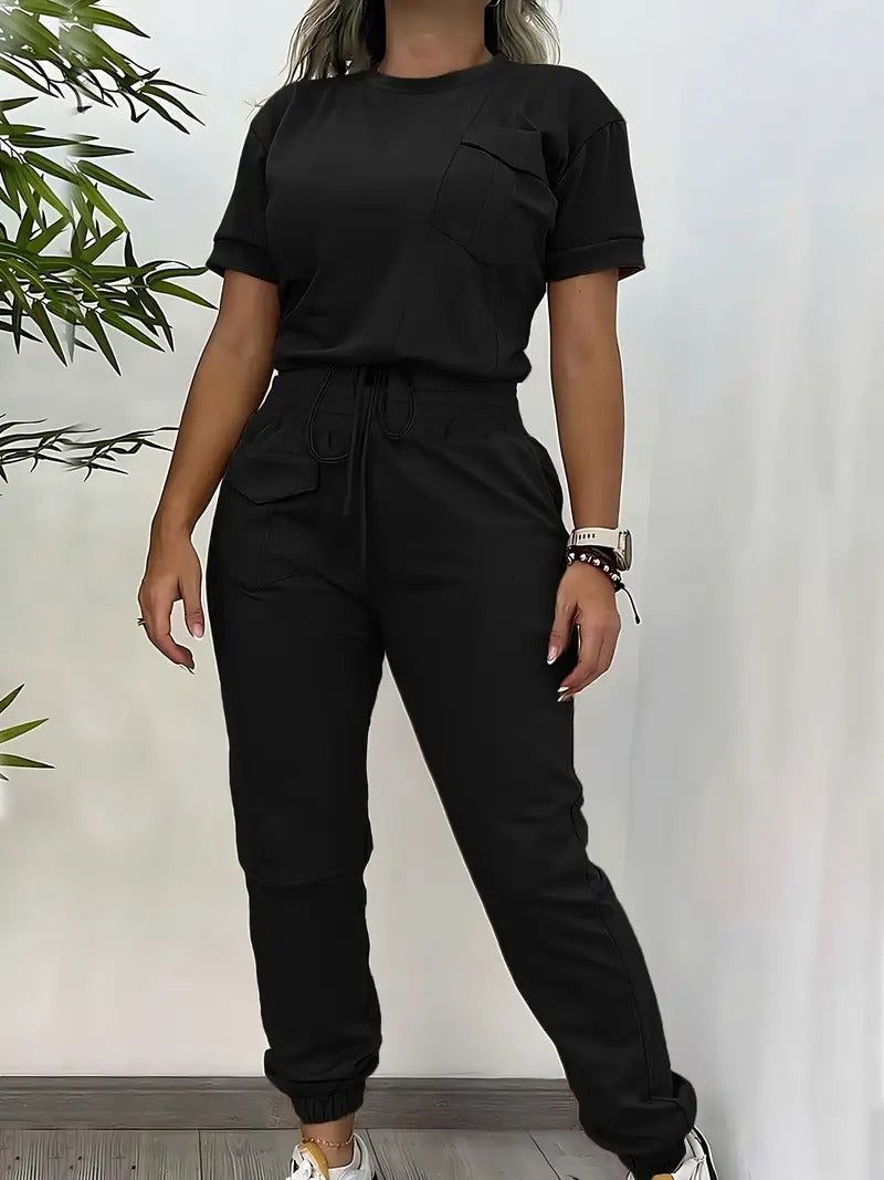 Damset | Trendig Kortärmad Topp & Byxa | Elegant Enfärgad Design | Bekväm Polyester