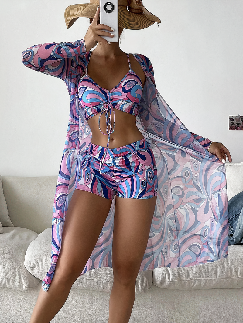 Kvinnor Bikini Set | Hög Midja | Blommigt Tryck | 3-delad Baddräkt
