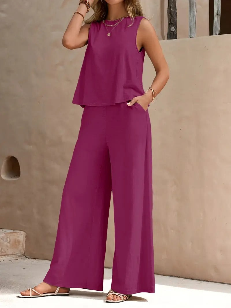 Bohemisk Strandoutfit | Avslappnad och Luftig | Mouwlös Top & Vida Byxor | Polyester för Sommar