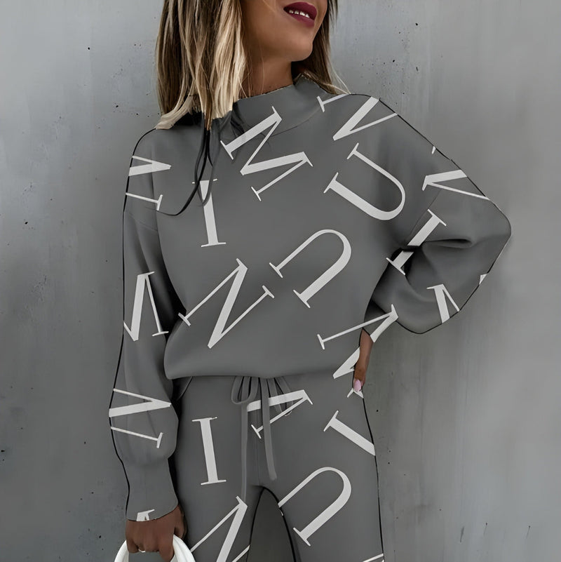 Tvådelat Set för Dam | Tryckt Träningsdräkt | Långärmad Topp & Byxor | Trendig & Bekväm Loungewear