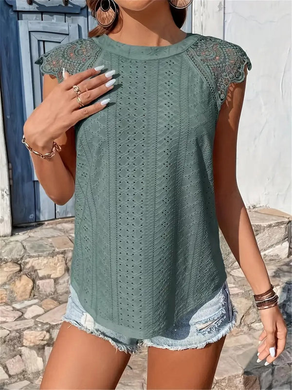 Dam T-shirt | Broderie Spets & Knytband i Rygg | Enfärgad & Somrig | Kortärmad