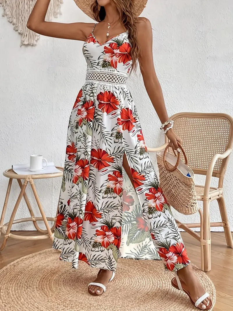 Damklänning | Ärmlös Med Slits | Blommigt Mönster & Spagettiband | Elegant Sommarklänning