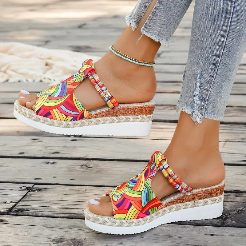 Damsandaler | Färgglad Graffiti & Kilklack | Espadrille Slip-On för Sommaren