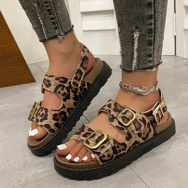 Damsandaler | Romersk Stil & Leopardmönster | Plattform & Spänne | Öppen Tå