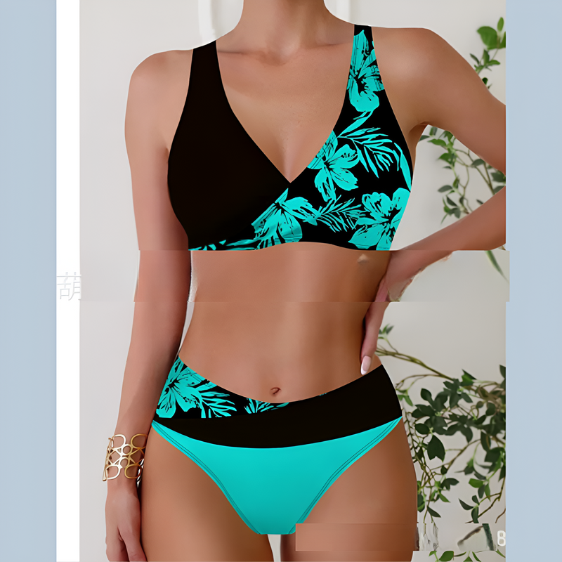 Kvinnor Bikini Set | Hög Midja | Blommigt Tryck | Tvådelad Baddräkt