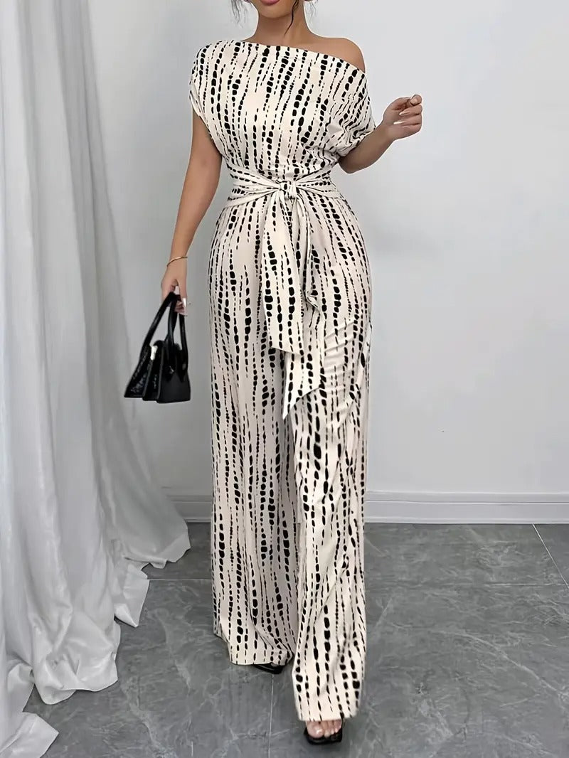 Jumpsuit för kvinnor | Off-Shoulder med prickar & vida ben | rosett i midjan & sommardesign