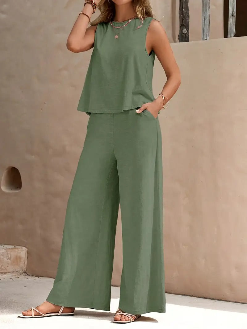 Bohemisk Strandoutfit | Avslappnad och Luftig | Mouwlös Top & Vida Byxor | Polyester för Sommar