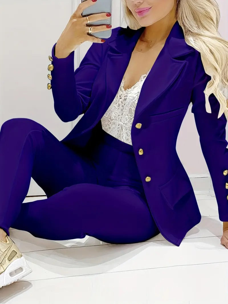 Tvådelat set för kvinnor | Blazer med dubbla rader & byxor med smal passform | Business & Casual | Elegant & Stilfstickad struktur