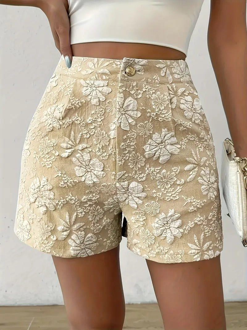 Kvinnors Blommiga Jacquard Shorts | Hög Midja & A-Linje | Eleganta Damesshorts