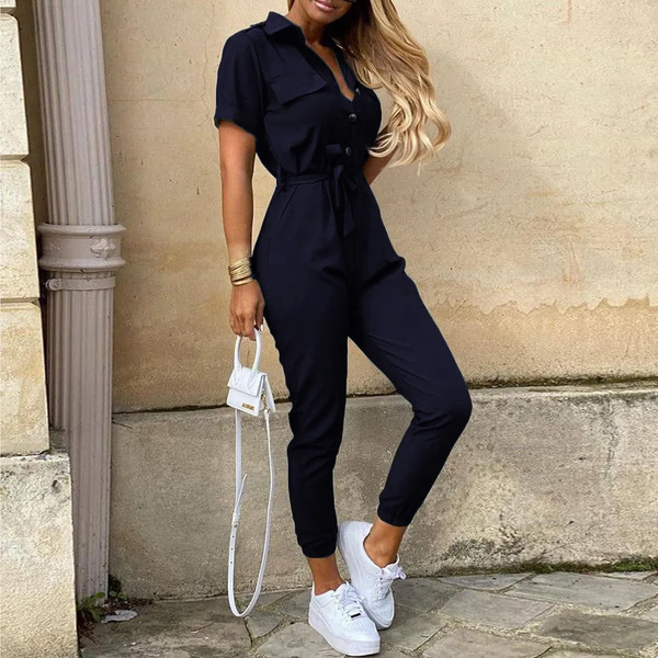 Jumpsuit för Dam | Kort Ärmsmodell med Krage | Elegant Passform & Bälte | Polyester