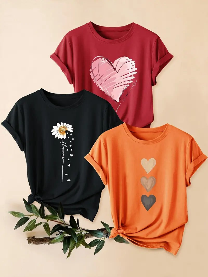 Dams Set | 3-delad T-shirt & Shorts | Retro Stil & Blommigt Tryck