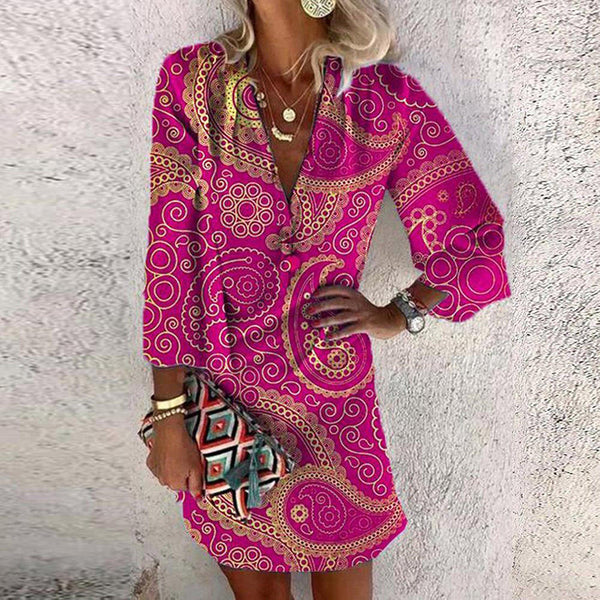 Boho Miniklänning Dam | V-ringning | Klassiskt Print | Somrig & Chic Stil