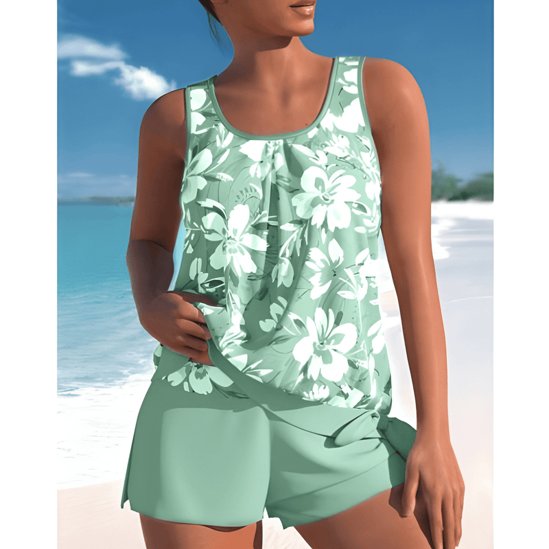 Dam Tankini Set | Tvåfärgad Blommig Design | Ärmlös med Mjuk Support | Polyamid/Elastan