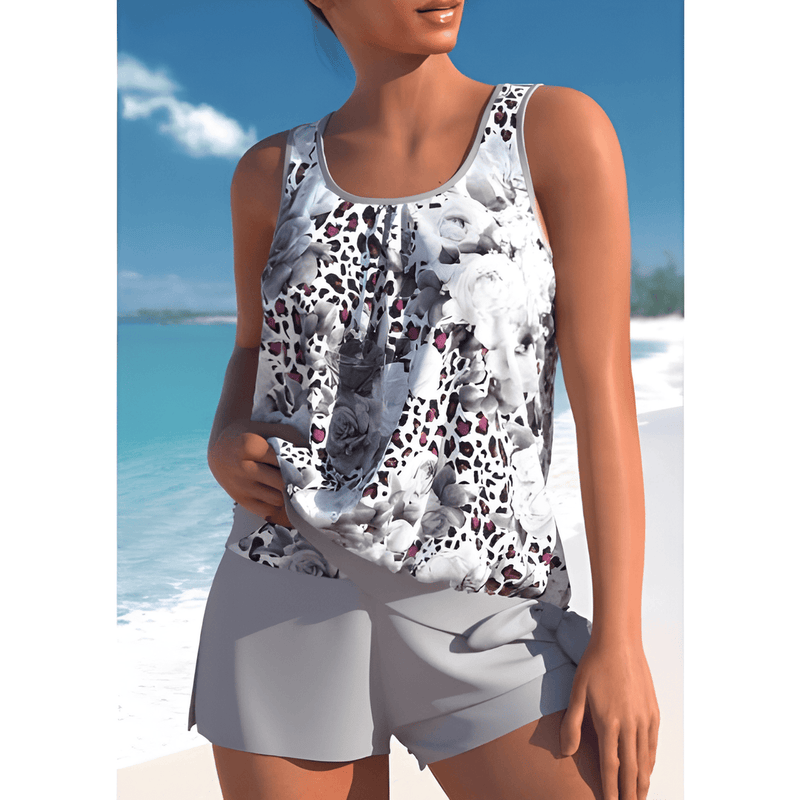 Dam Tankini Set | Tvåfärgad Blommig Design | Ärmlös med Mjuk Support | Polyamid/Elastan