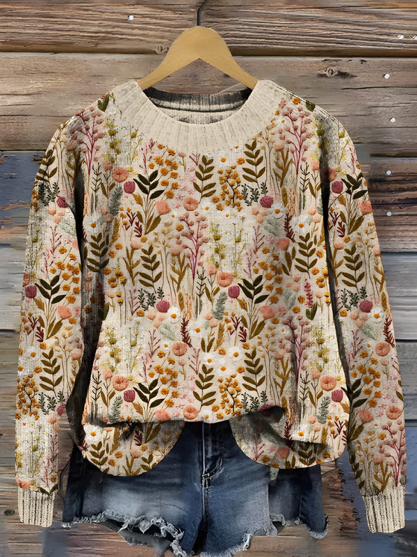 Dam Stickad Tröja | Broderade Vildblommor | Varm & Mjuk Design