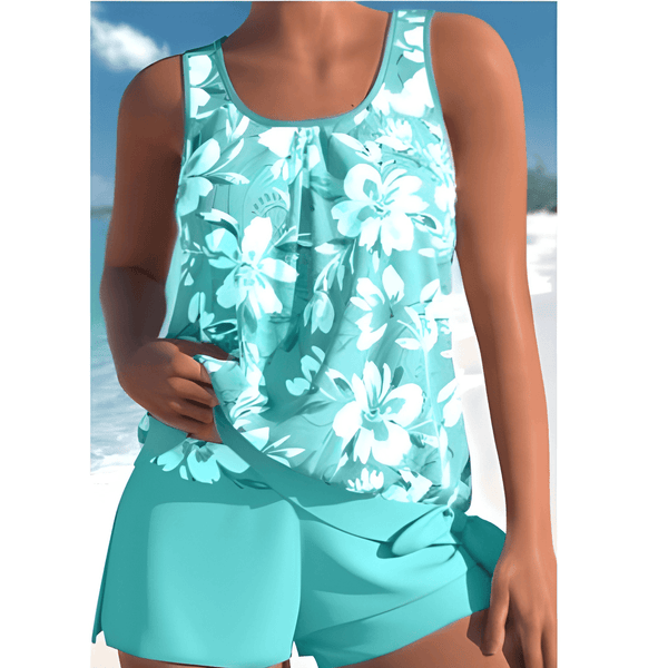 Dam Tankini Set | Tvåfärgad Blommig Design | Ärmlös med Mjuk Support | Polyamid/Elastan