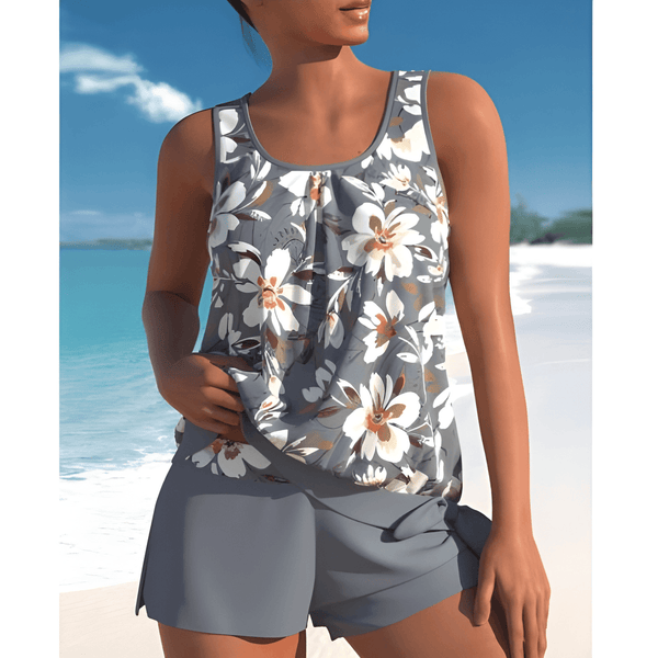 Dam Tankini Set | Tvåfärgad Blommig Design | Ärmlös med Mjuk Support | Polyamid/Elastan