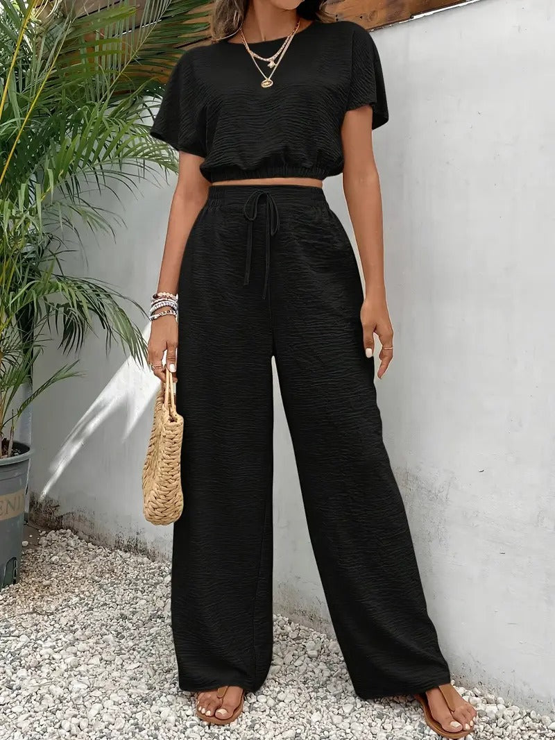 Set för kvinnor | Crop Top & Byxor | Fladdermusärmar & dragsko | Polyester