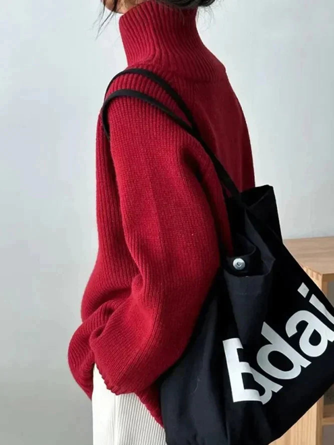 Dam Tröja med Hög Krage | Enfärgad Röd | Mjuk & Varm | Elegant Passform