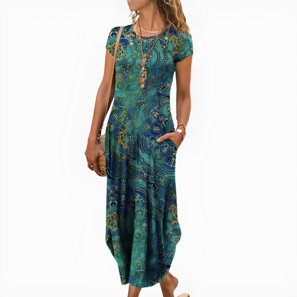 Maxiklänning Dam | Boho Vintage Mönster | Lös Passform & Fickor | Elegant Sommarklänning