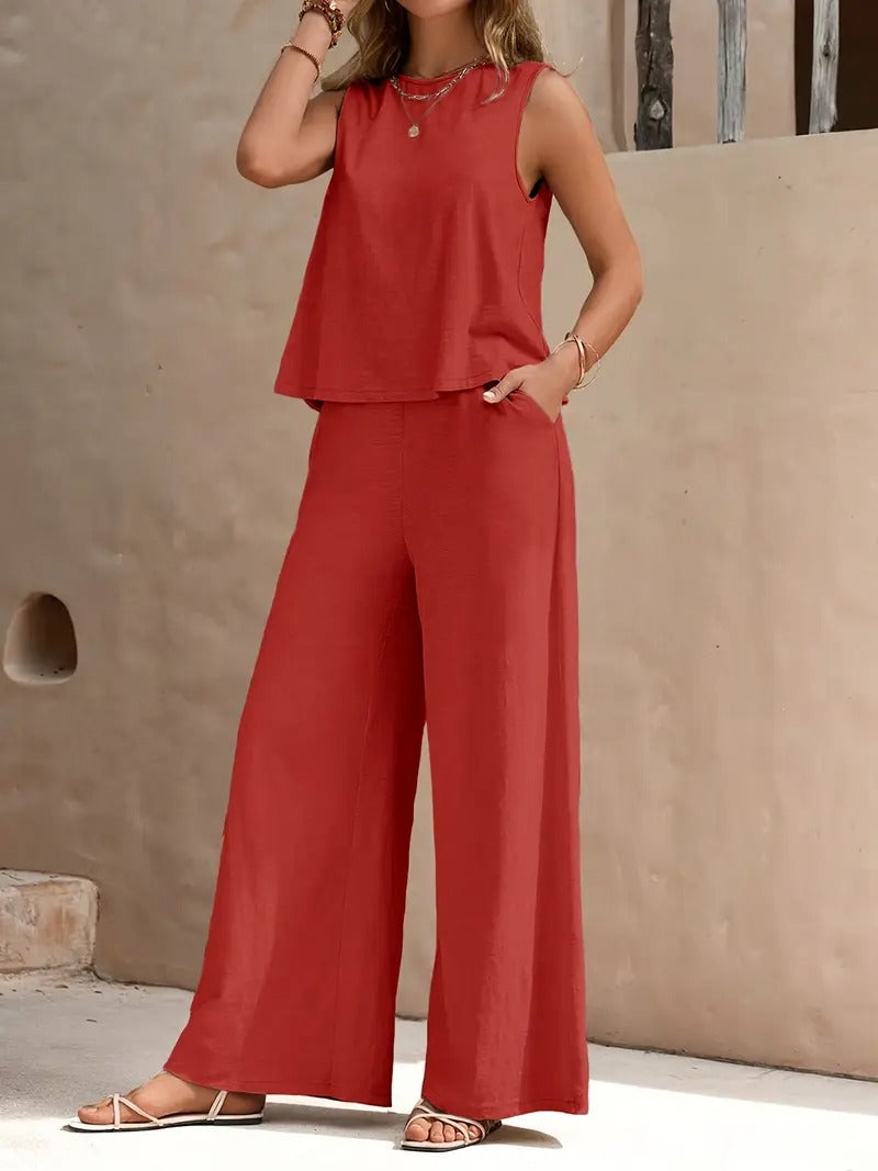 Bohemisk Strandoutfit | Avslappnad och Luftig | Mouwlös Top & Vida Byxor | Polyester för Sommar