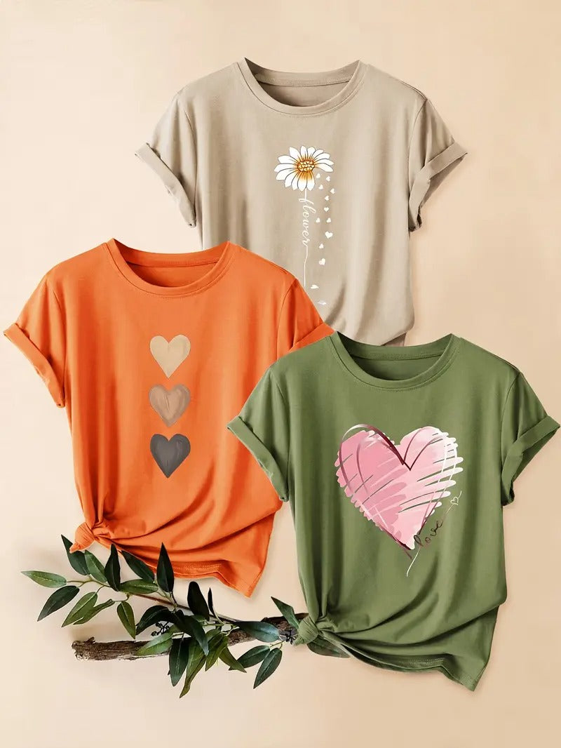 Dams Set | 3-delad T-shirt & Shorts | Retro Stil & Blommigt Tryck