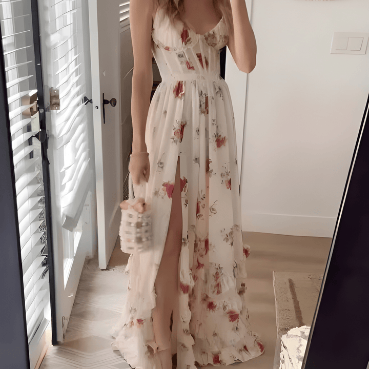 Klänning Maxi | Blommig Festklänning | Hög Slits | Romantisk Siluett