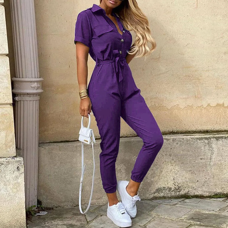Jumpsuit för Dam | Kort Ärmsmodell med Krage | Elegant Passform & Bälte | Polyester