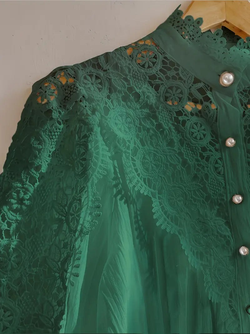 Dam Blus | Viktoriansk Stil | Pärlknappar & Spetsdetaljer | Elegant Långärmad Topp