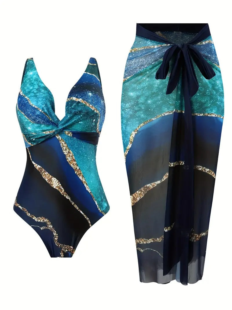 Damset | Tvådelat Set med Bodysuit & Omlottkjol | Havsinspirerad Print & Elegant Twistdesign