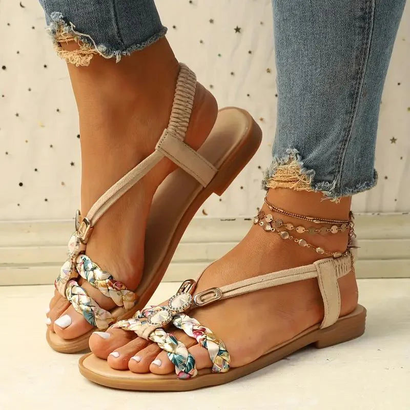 Kvinnor Sandaler | Boho Sommarstil | Mjuk Sula & Låg Kilklack | Blommig Design