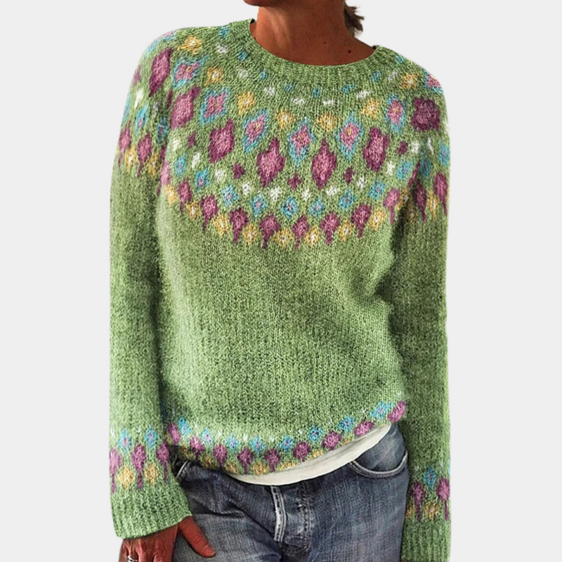 Damtröja i stickat material | Vintage-design | Unikt tryck | Rund hals och långa ärmar