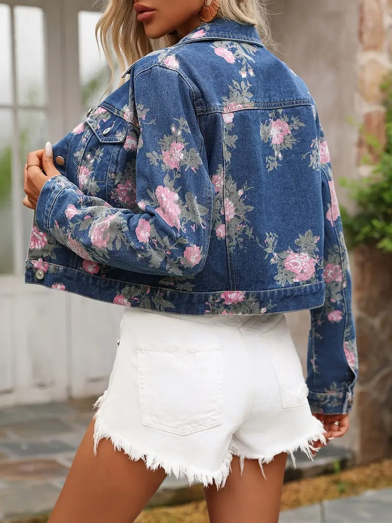 Jeansjacka för kvinnor | Blommigt tryck & Cropped design | Elegant & Casual | Vår/Sommar Jean Coat