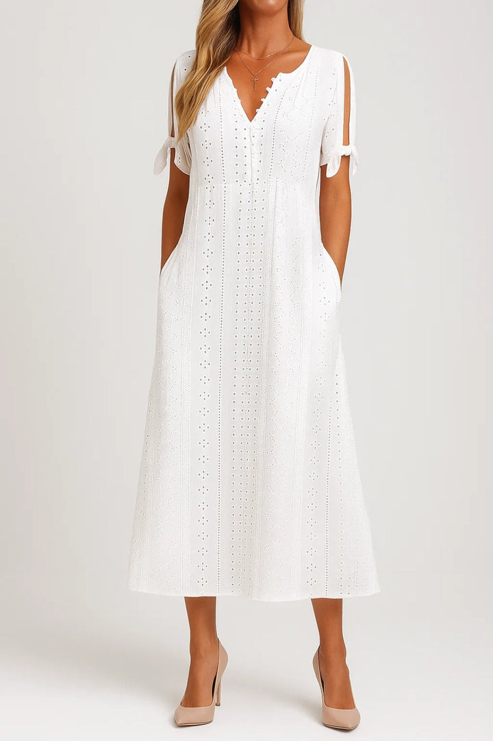 Dam Klänning | Elegant | V-ringad Midi Kort Ärm | Sommar