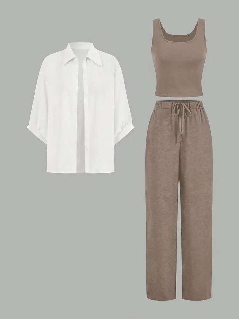 Dams Set | 3-delad & Casual | Sommarbyxor med Dragsko & Enfärgad Design