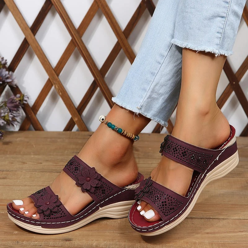 Damtofflor | Retro Wedge Sandals | Avslappnade och bekväma | Plattformstofflor med blomdesign